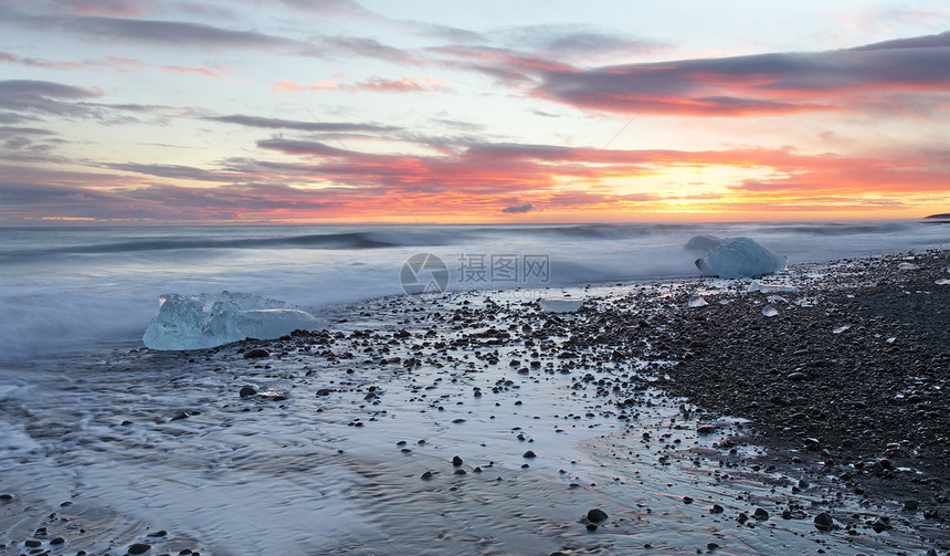 冰岛日落海洋日出蓝色运动海岸风景支撑海景地平线冰川图片
