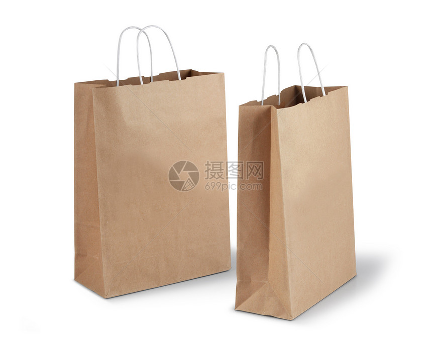 两个棕色纸袋零售消费者白色回收包装购物礼物销售图片