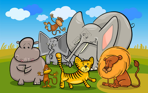 动物园的河马卡通非洲野生野生动物漫画插图野兽动物园狮子老虎河马教育天空快乐卡通片吉祥物大草原背景