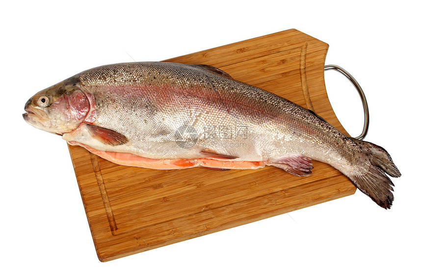 切割板上的鲑鱼烹饪淡水海鲜动物木板白色美食木头鳟鱼健康图片