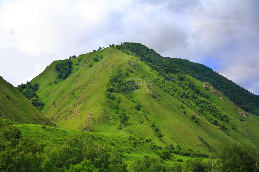 高加索绿色山脉的夏季风景景观悬崖森林绿色季节旅行爬坡首脑高度叶子全景图片