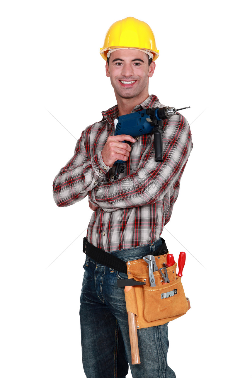 强力者工人钻孔承包商微笑男人力量木匠维修工具贸易图片