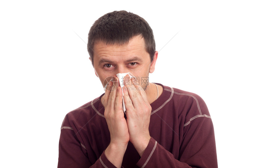 肖像人保健卫生头发流感衬衫皮肤完全地男人手帕流鼻涕图片