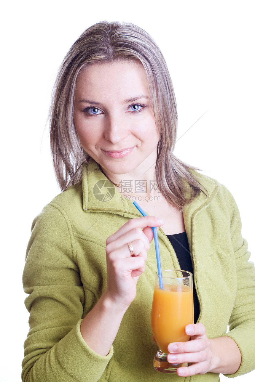 喝橙汁的妇女女性微笑女孩早餐快乐橙子白色幸福果汁饮料图片