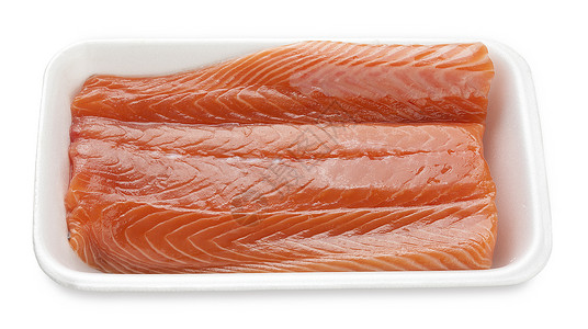 鱼生产素材鲑鱼鱼片塑料食物生产红色空白海鲜托盘背景