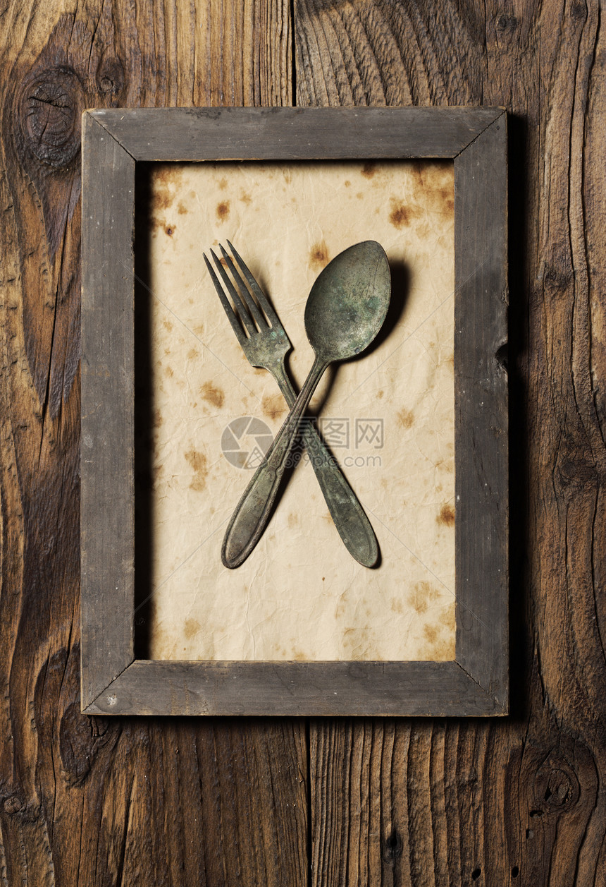 叉和勺子 框架 旧式图片