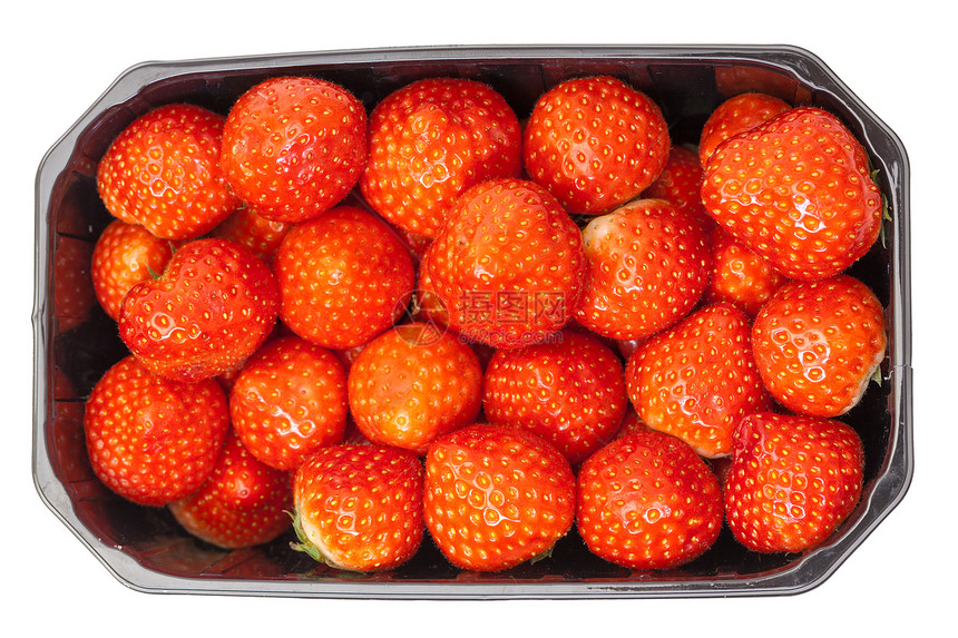 塑料容器中的新鲜草莓新草莓盒子收成采摘红色篮子浆果绿色水果黑色收获图片