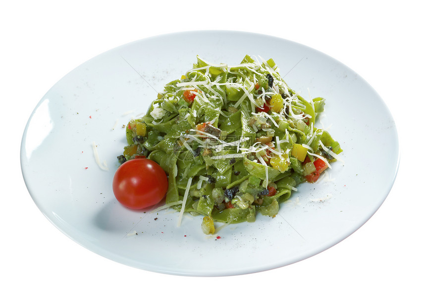 意大利面和害虫摄影香蒜面条午餐叶子美食草本植物健康绿色食物图片