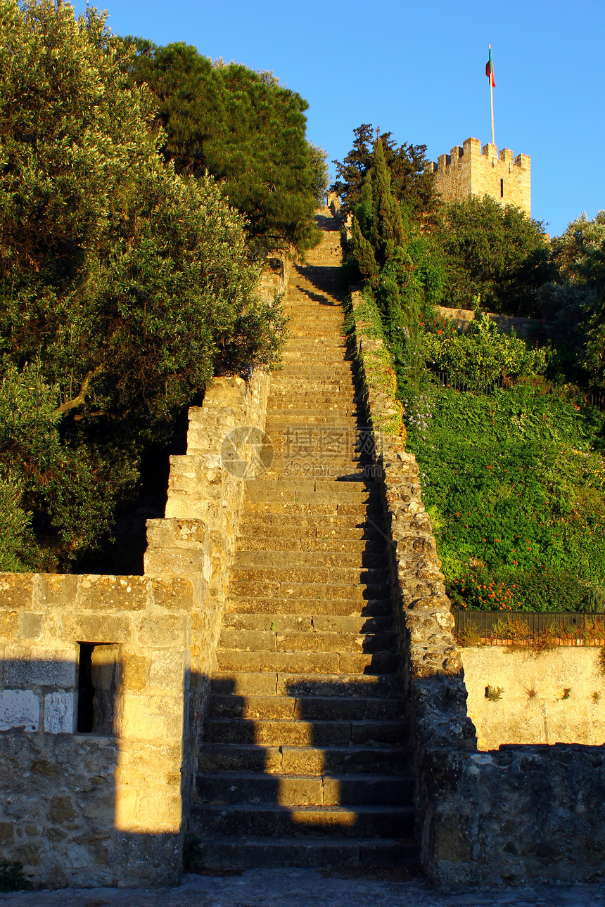 圣乔治城堡 里斯本 普尔图加尔旅游入口脚步历史性城堡遗产建筑学砖墙蓝色旅行图片