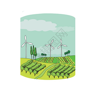 国家能源局绿色草原上的风力设计图片