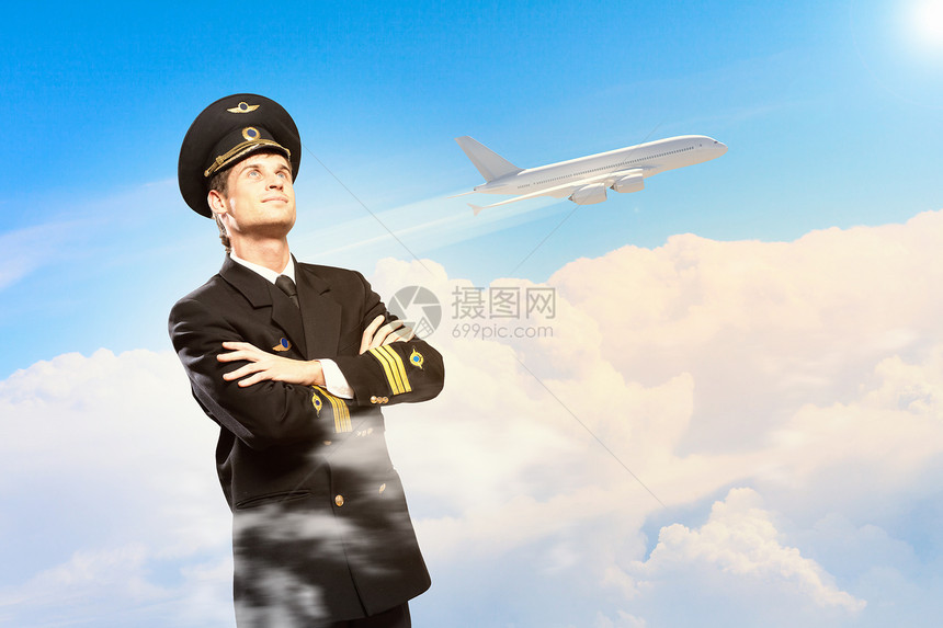 男性飞行员形象帽子男人商业相机蓝色客机旅游旅行队长服务图片