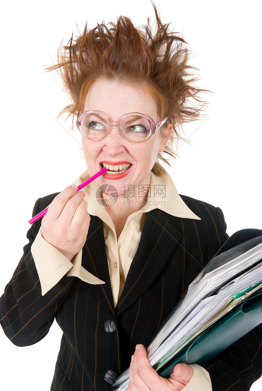 精神紧张的疯狂女商务人士 有一堆文件红色压力白色经理员工女性人士电话秘书公司图片