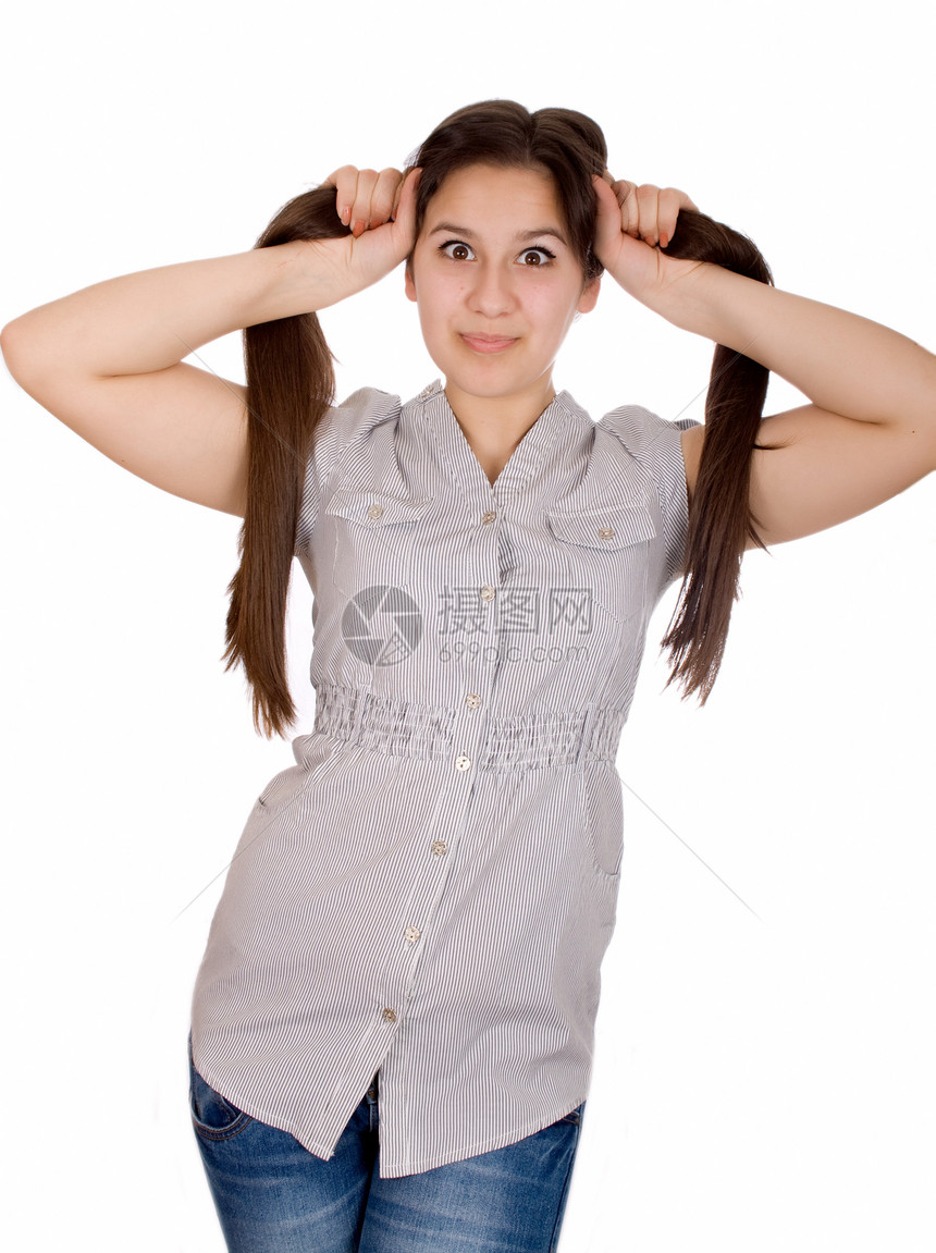 抓着头发的女孩黑发活力女性发型女士白色青年图片