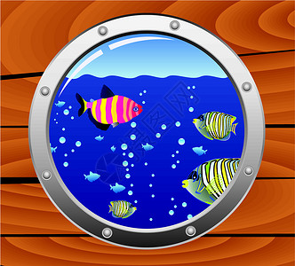 阔口鱼病媒口洞和鱼类木头社区娱乐气泡环境金属舷窗旅游生活热带插画