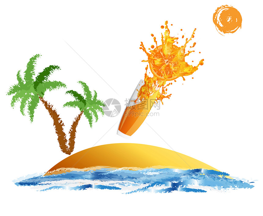 新鲜果汁橙色幸福旅游海浪海滩橙子玻璃情调休息蓝色饮料图片
