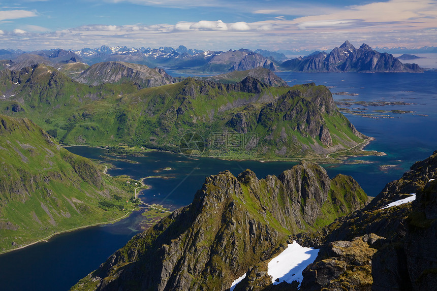 挪威海岸支撑峡湾晴天山峰山脉荒野海岸线蓝色全景风景图片