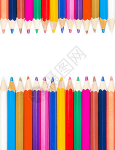 白色背景上用于创作的一套彩色铅笔集教育办公室调色板团体草图工具橙子宏观蜡笔光谱背景图片
