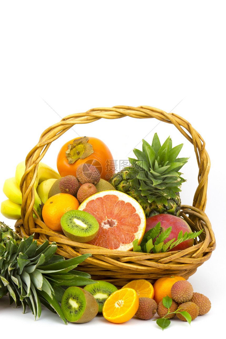 新鲜水果香蕉热带柳条奇异果食物白色柿子杂货店篮子柚子图片