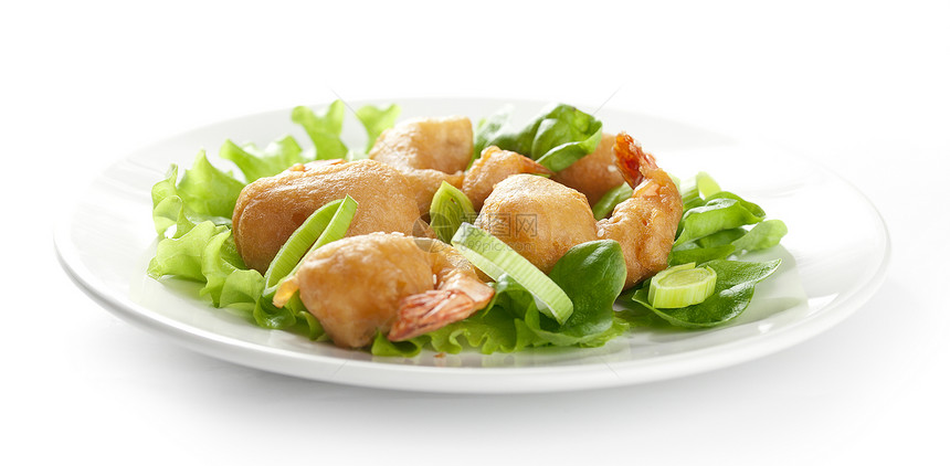 虾白色食物芝麻绿色韭葱油炸盘子海鲜图片