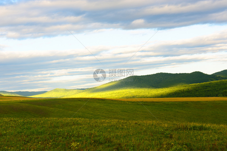 草原景观山坡晴天绿色阳光森林天空马匹农业太阳蓝色图片