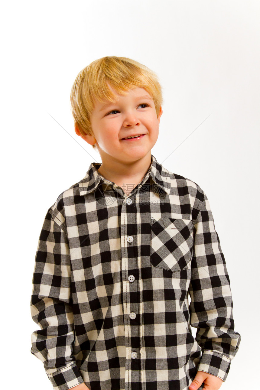 孤立的男孩肖像格子跳棋工作室白色孩子男孩们孩子们金发女郎男生儿子图片
