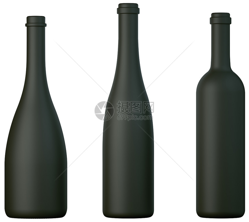 三瓶黑色葡萄酒或白兰地孤立图片