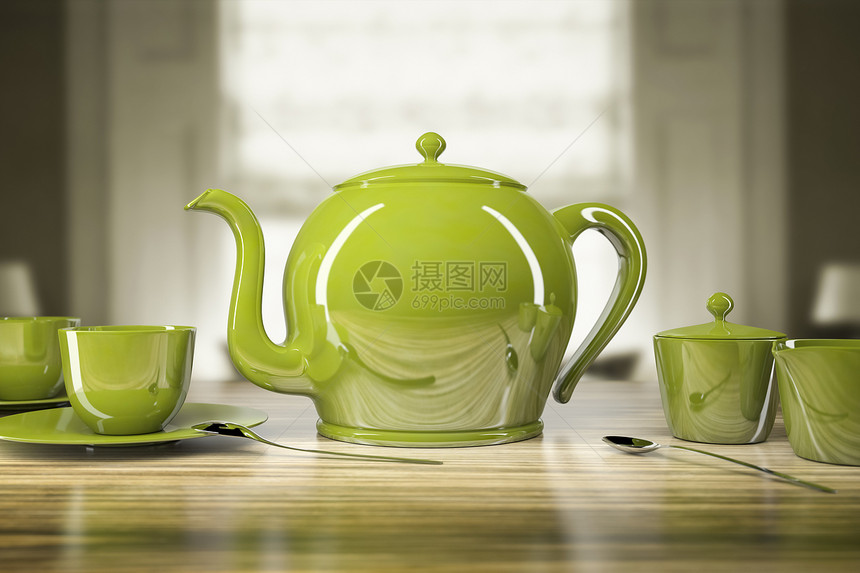 绿色茶壶和茶杯图片