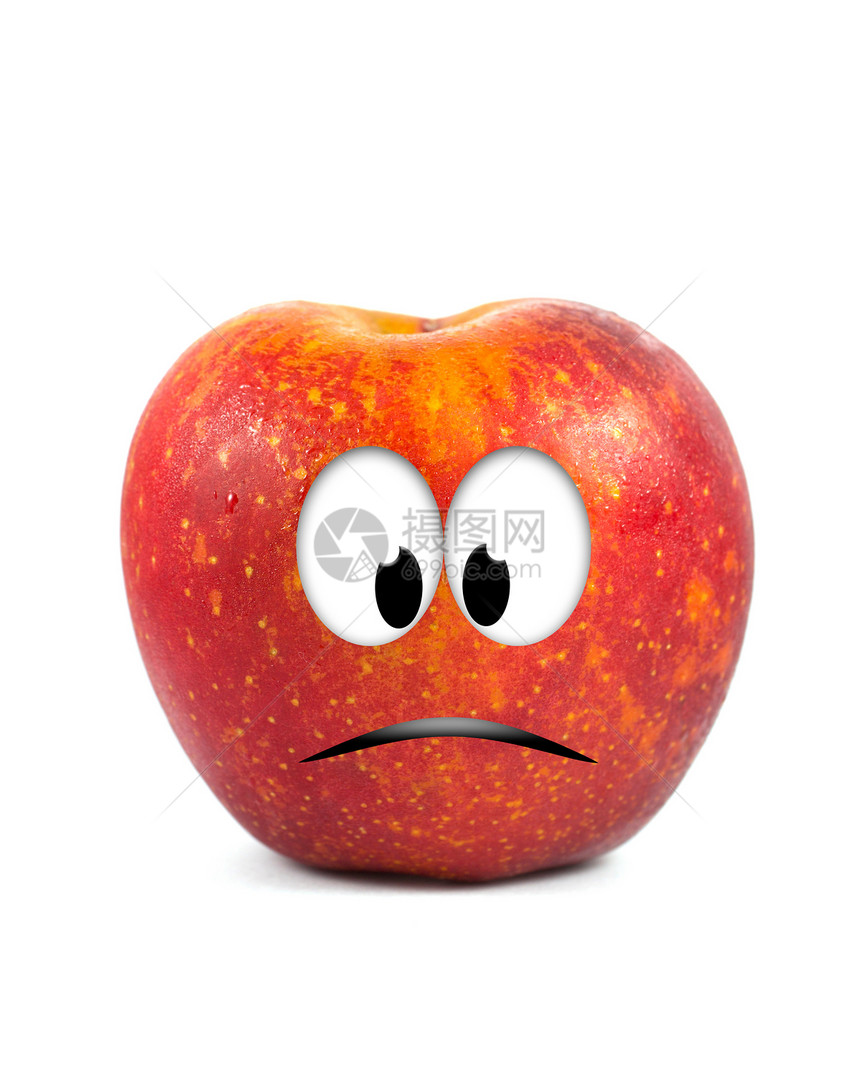 有趣的水果字符  白色背景的红苹果乐趣怨恨悲哀阴影笑脸居住罪行悲伤牙齿食物图片