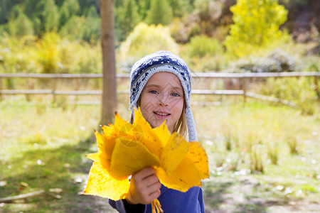 秋天的童女儿童 在阴花林中 黄色落叶手握着树叶帽子孩子森林金发树干花园童年眼睛女性背景图片