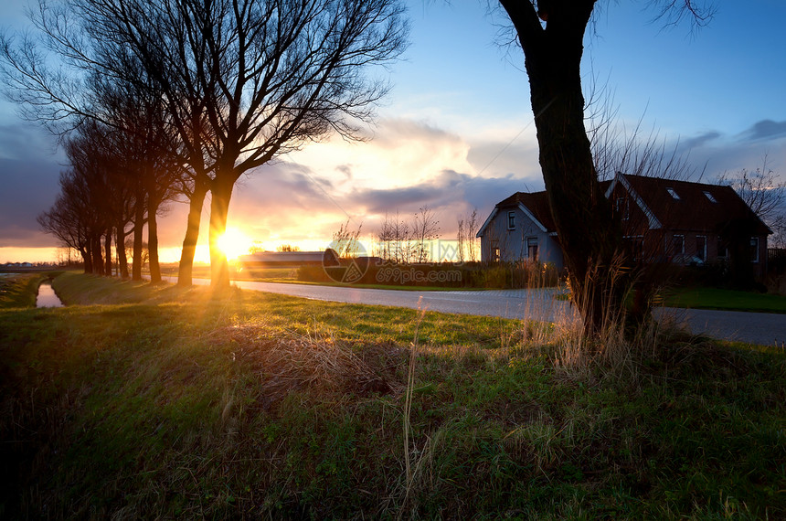 日出时荷兰农舍阳光牧场光束房子草地场地农村文化建筑传统图片