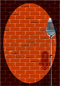 夜店之王素材开放 Mic 夜海报麦克风插图聚光灯夜店演员卡拉ok砖墙喜剧演员红色插画