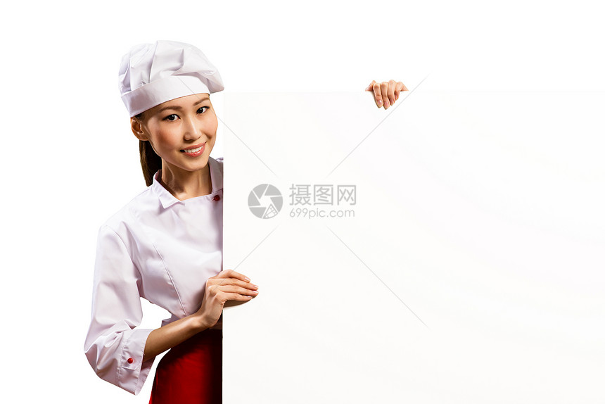 亚洲女厨师 手持该文本海报的亚洲女性厨师美食职业餐厅烹饪菜单广告牌助手工作室横幅广告图片