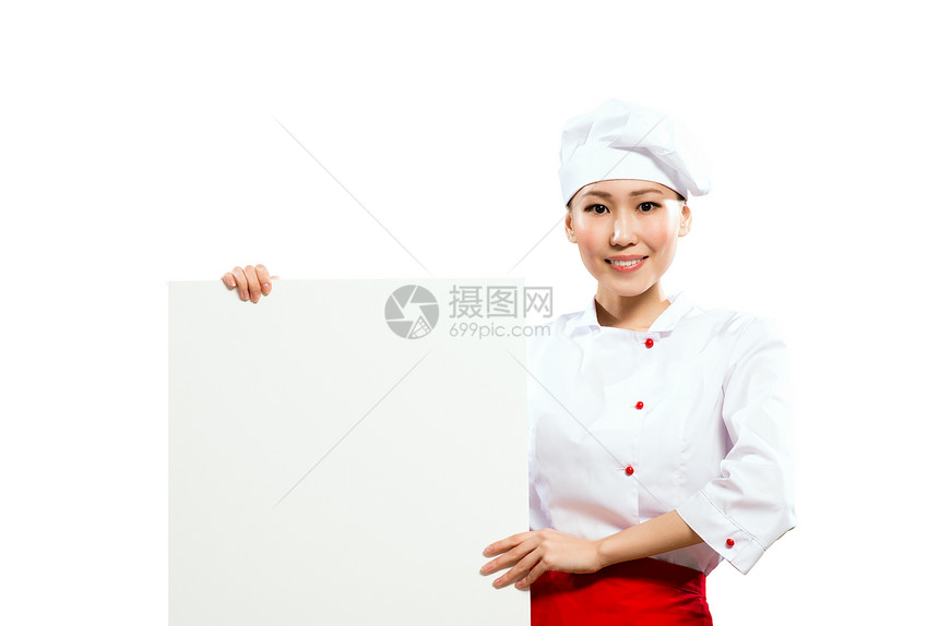 亚洲女厨师 手持该文本海报的亚洲女性厨师广告牌横幅围裙职业食物衣服工作室标语帽子女孩图片