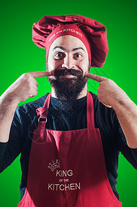 快乐的胡须胖胖大厨男人厨师食物工人胡子烹饪美食餐厅厨房微笑背景图片