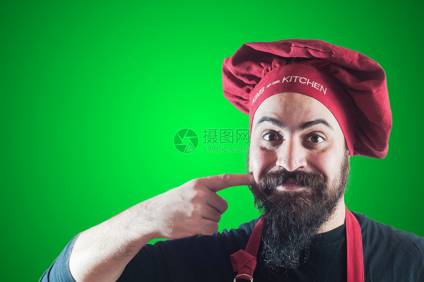 快乐的胡须胖胖大厨微笑厨师男人餐厅食物烹饪美食手势职业工人图片