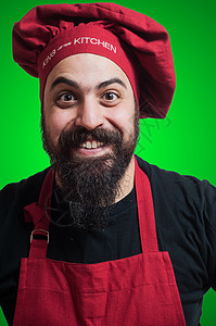 快乐的胡须胖胖大厨食物手势男人厨房胡子微笑餐厅工人职业烹饪背景图片