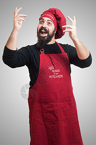 快乐的胡须胖胖大厨职业食物烹饪手势微笑厨房厨娘厨师男人美食背景图片
