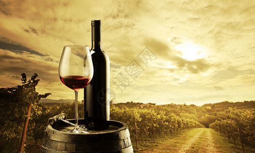 日落时庄园气氛质量静物液体酒瓶葡萄园酒精瓶子农业木头背景图片