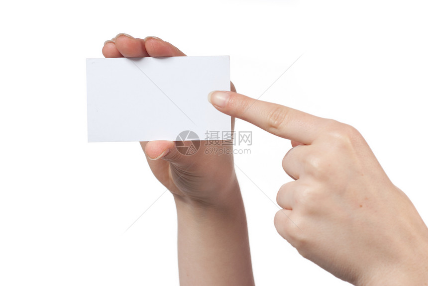 手持空来客卡并指向Isolat的妇女商业海报会议拇指推介会就业问候语边界人士手指图片