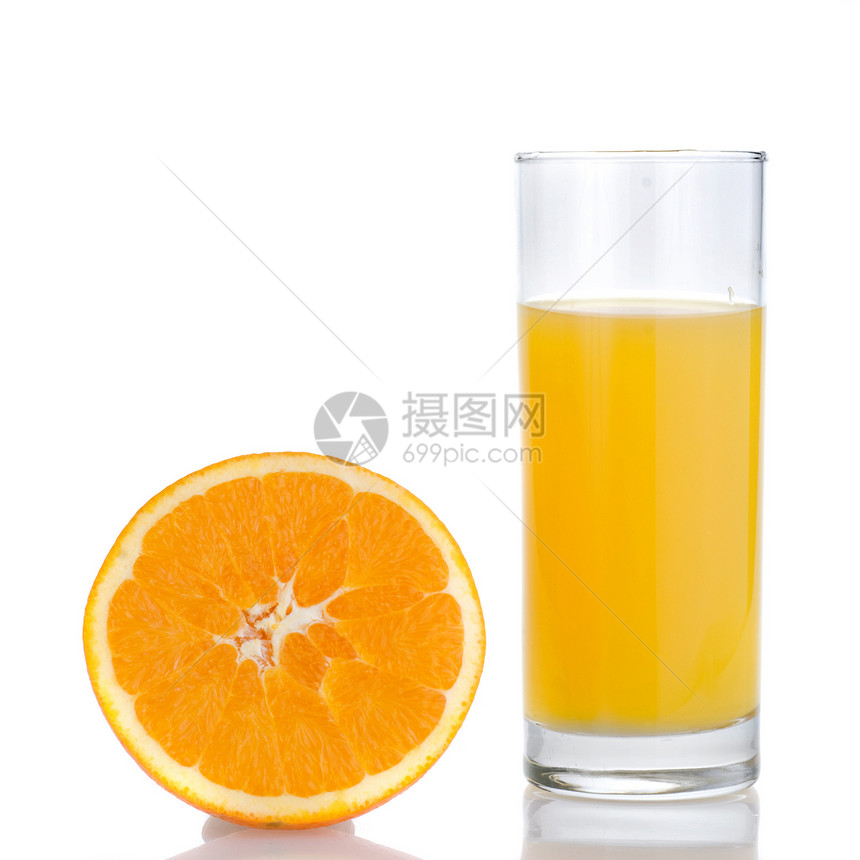 白上隔离的橙汁和橙汁早餐玻璃榨汁机茶点柠檬液体热带食物宏观小路图片