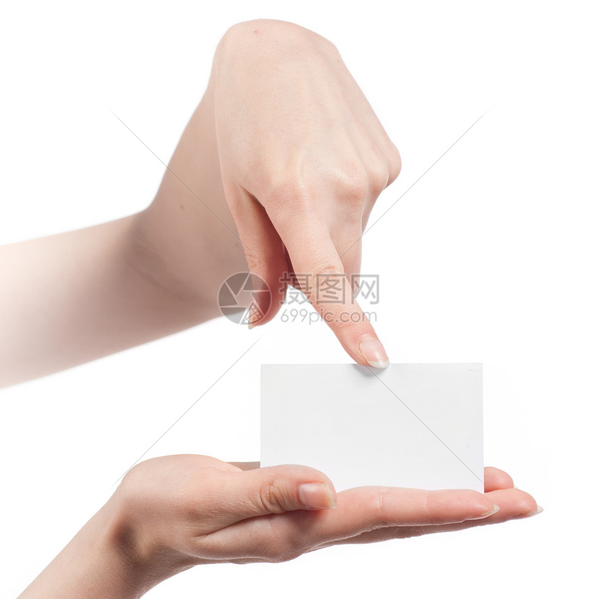 女性手握和指着空的访客卡片推介会拇指框架信用工作展示笔记海报边界手指图片