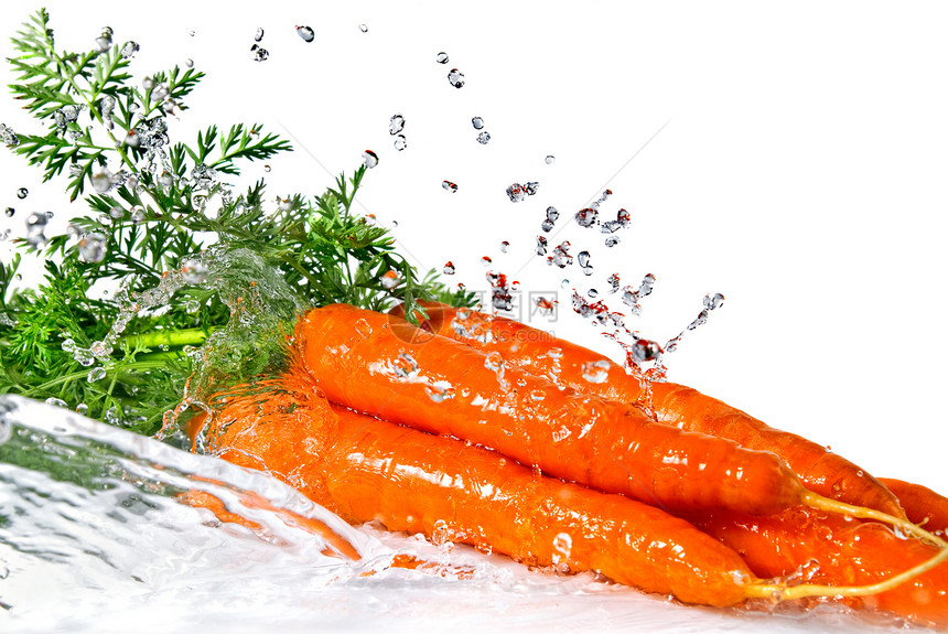 白的胡萝卜上喷着鲜水市场店铺橙子食物海浪烹饪种子树叶绿色节食图片