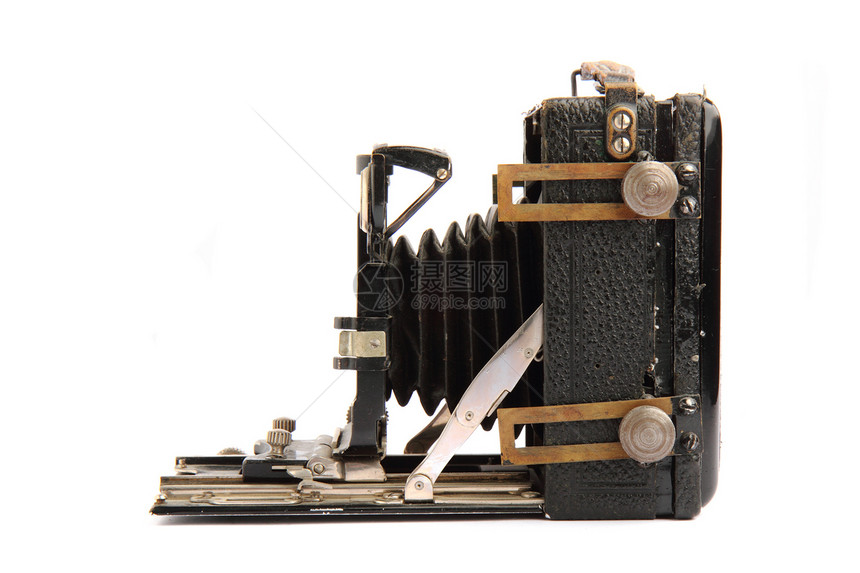 旧照相机黑色相机白色镜片照片市场木头库存盒子古董图片
