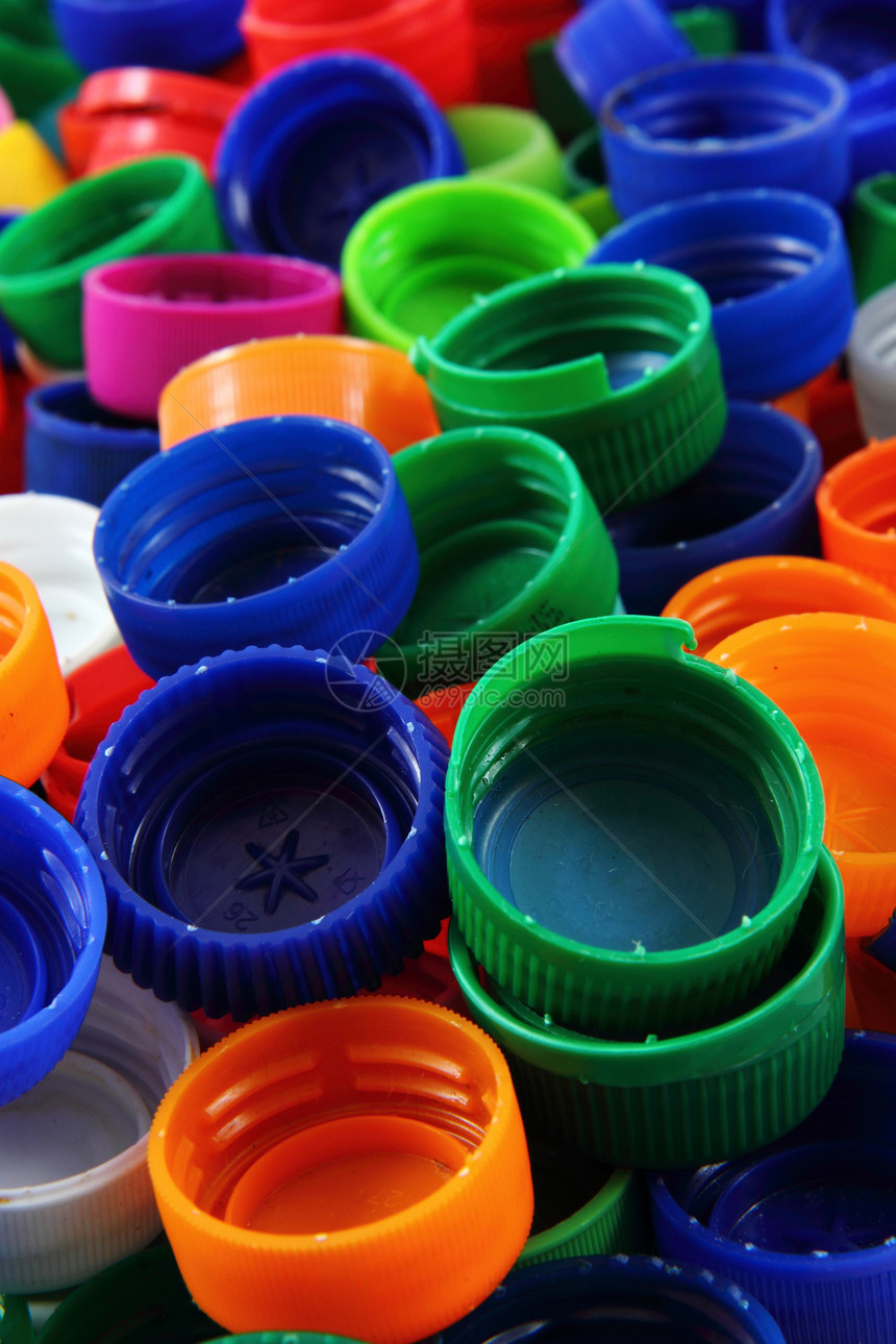 彩色塑料盖白色塑料绿色胶囊回收材料垃圾彩虹瓶子引擎盖图片