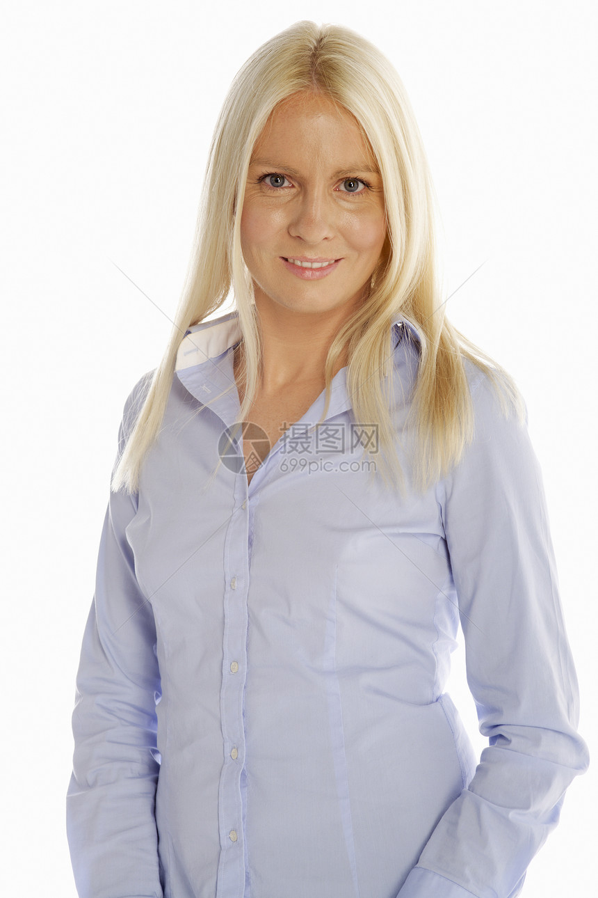穿蓝衬衫的年轻妇女快乐女士女孩女性金发女郎公司衬衫工作蓝色头发图片