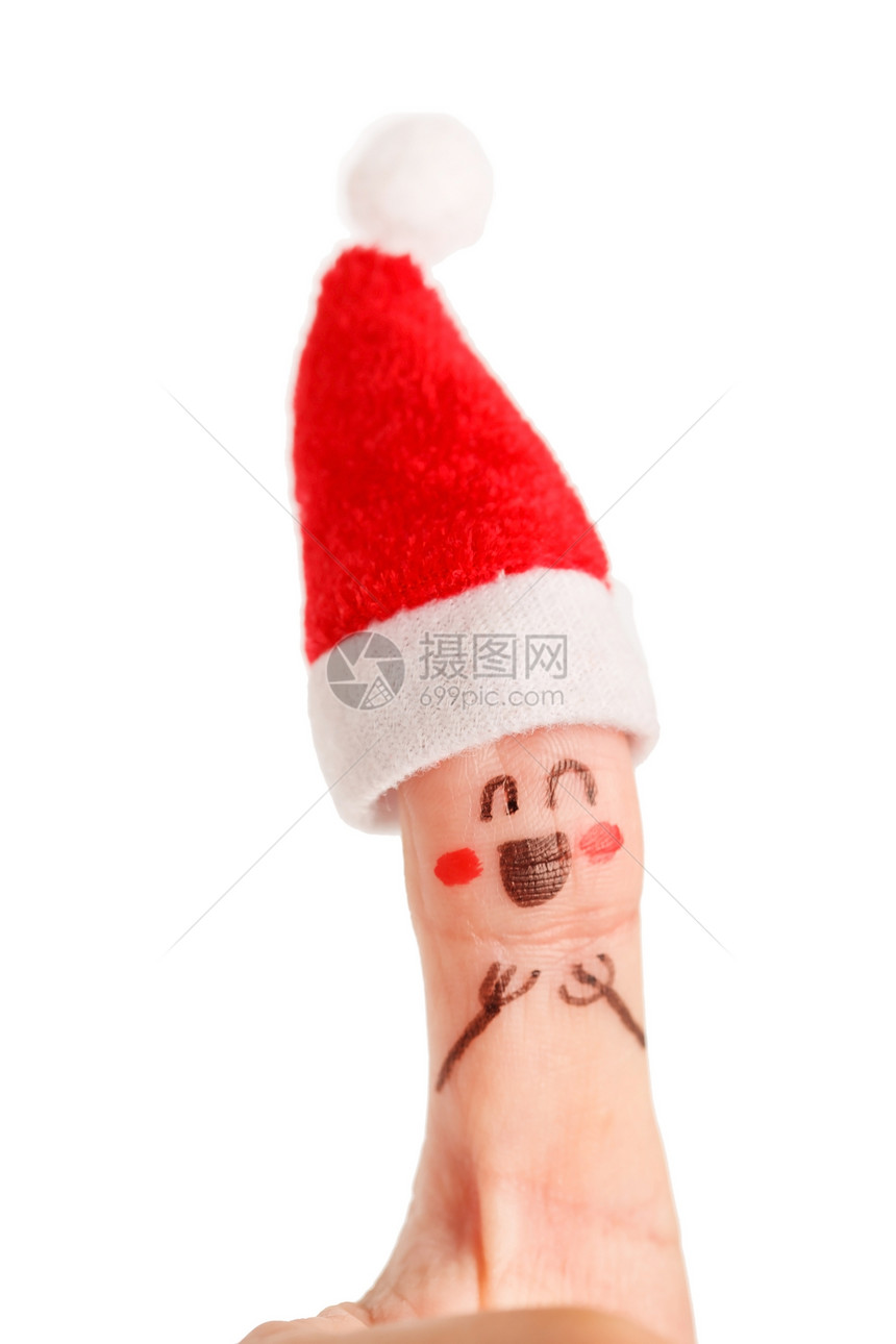穿着圣克劳斯红白帽子的手指剧院创造力手势拇指皮肤故事微笑乐趣白色朋友们图片