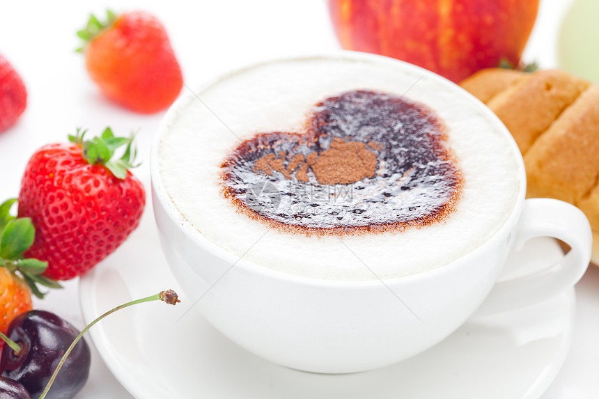 卡布奇诺咖啡杯 以红心 樱桃 香肠和食物咖啡早餐杯子饮料生活盘子甜点羊角小吃图片