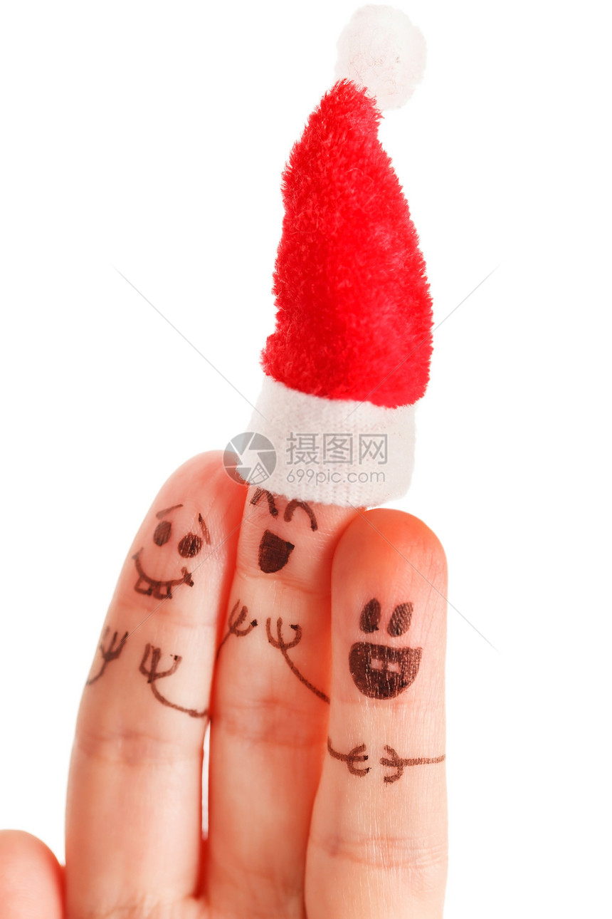 穿着圣克劳斯红白帽子的手指创造力朋友们皮肤故事社会团队拇指微笑家庭手势图片