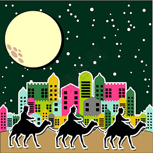普什卡骆驼博览会圣诞节卡月亮艺术品野生动物骆驼插图哺乳动物沙漠黑色古董孤独插画