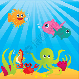吹肚鱼水族馆绘画扇贝珊瑚吉祥物草图幸福明信片河豚螃蟹海马插画